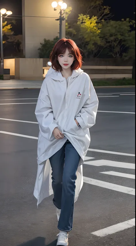 ((4K works))、​masterpiece、(top-quality)、1 beutiful girl、Slim body、tall、((Attractive casual clothes in black and white))、(Detailed beautiful eyes)、Take selfies on fashionable highways at night、((Face similar to Carly Rae Jepsen))、((Long boyish red hair))、((...