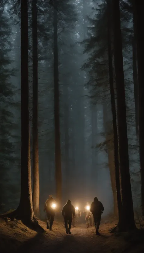 une illustration numerique representant un groupe de 5 personnes marchant a travers une foret mysterieuse, la foret est dense et sombre, en quetes daventure mais en meme temps terrifier, le haut des arbres cache la lumiere de la lune