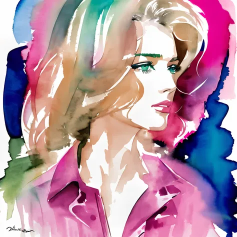 David downton fashion illustration, watercolor drawing, blonde woman, thin hair, pink coat, elegant, street, blue, green, beige, lilnac, natural gentle colors