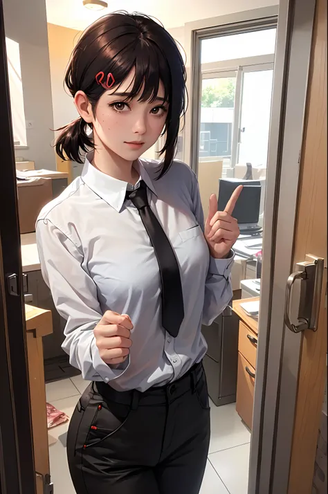 masterpiece, best quality, ultra-detailed, illustration, epic lighting, cinematic composition, isometric, 1girl, solo, cute, brown eyes, black hair, swept bangs, single sidelock, red hairclip, white collared shirt, black necktie, black pants, formal, encha...