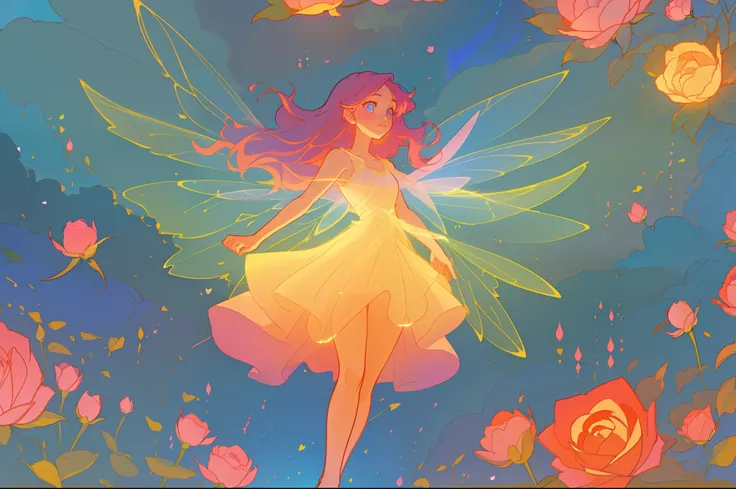 beautiful girl in flowing layered dress, flower fairy, dress that looks like a flower or rose, roses, colorful flowers, inspired by Glen Keane, inspired by Lois van Baarle, disney art style, by Lois van Baarle, glowing aura around her, by Glen Keane, jen b...