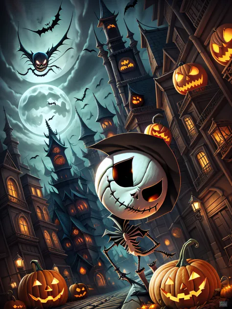 Jack Skellington, rindo, Evil, cidade de halloween, pumpkins, morcegos, fora,