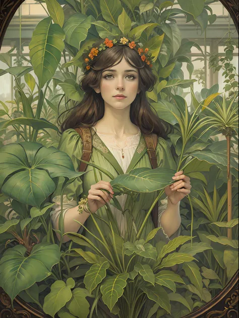 Art Nouveau painting of a female botanist surrounded by exotic plants in a greenhouse