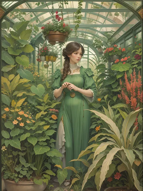 Art Nouveau painting of a female botanist surrounded by exotic plants in a greenhouse