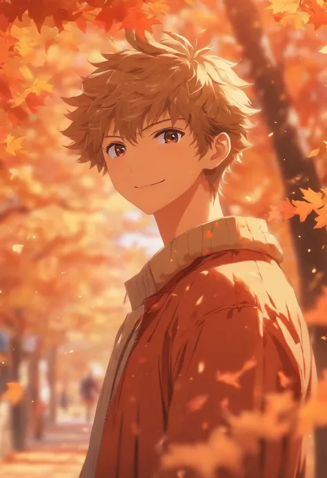 (((masterpiece))),best quality, autumn scenery, 1man, warm color, short hair, smile, calm expression