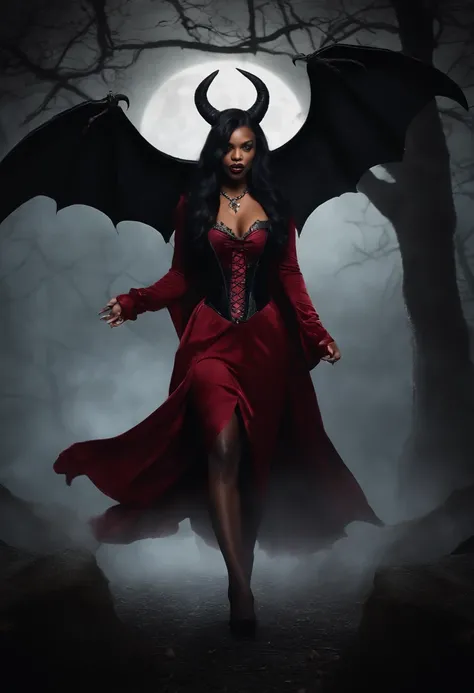 (Masterpiece - Detailed - Best Quality)

This terrifying image captures a head-to-toe shot of a succubus with dark skin and blood red eyes, stalking through a haunted cemetery in eerie horrorcore fashion. Sinister shadows swirl around her alluringly danger...