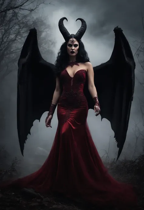 (Masterpiece - Detailed - Best Quality)

This terrifying image captures a head-to-toe shot of a succubus with dark skin and blood red eyes, stalking through a haunted cemetery in eerie horrorcore fashion. Sinister shadows swirl around her alluringly danger...