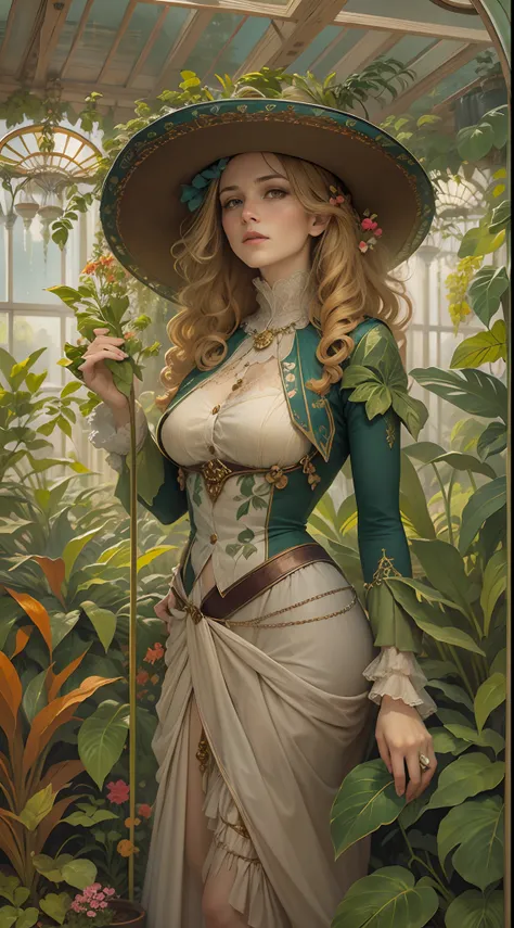 Art Nouveau painting of a female botanist surrounded by exotic plants in a greenhouse, cowboy shot.