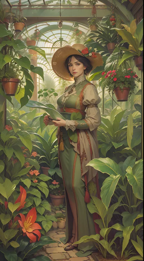 Art Nouveau painting of a female botanist surrounded by exotic plants in a greenhouse, cowboy shot.