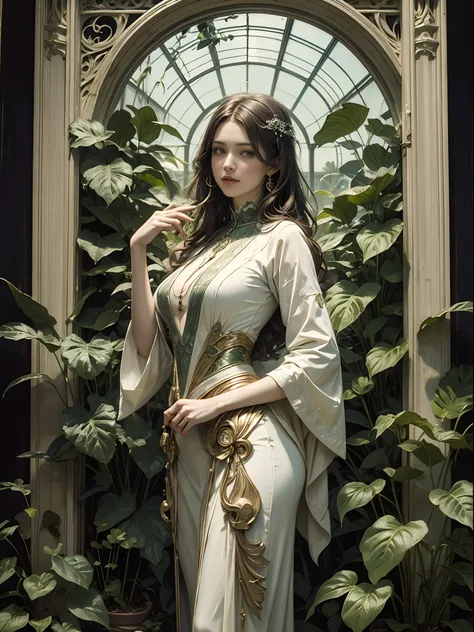 ((Art Nouveau)) painting of a female botanist surrounded by exotic plants in a greenhouse, (cowboy shot)