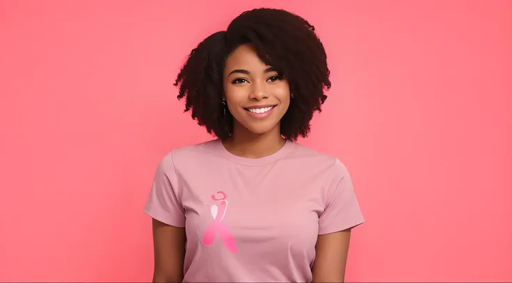 mulher afro americana, sorridente com fita rosa no fundo cor-de-rosa, menina cor-de-rosa, bonito e sorridente, she is smiling an...