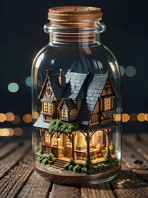 mini house, landscape, old fashion, nature, night light, nature background, a bottle, in the bottle, high detailed, masterpiece,...