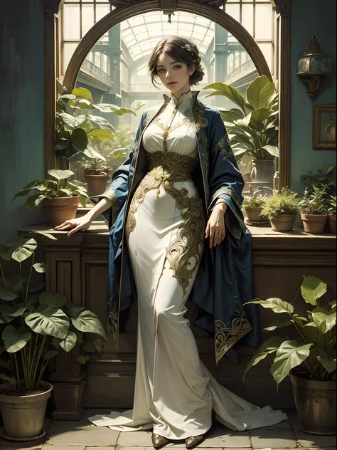 ((Art Nouveau)) painting of a female botanist surrounded by exotic plants in a greenhouse, (cowboy shot), Alphonse Mucha.