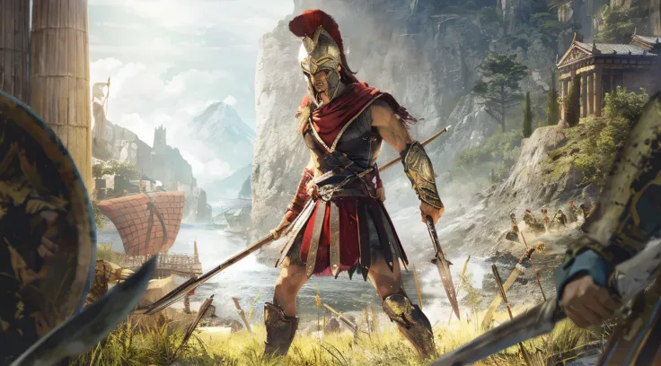 male spartan warrior, holding spears, landscape background