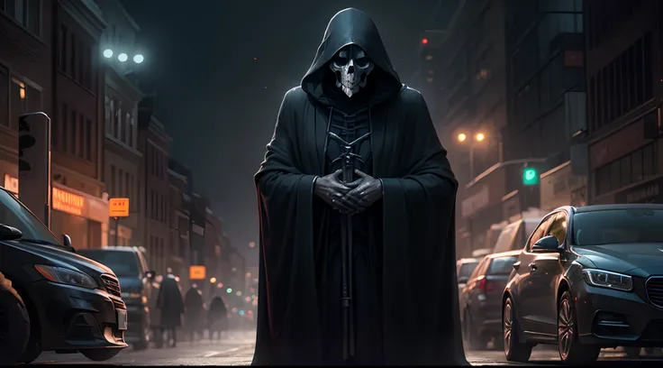 Dark image of a grim reaper in his black robe, standing on a busy street, morning lights