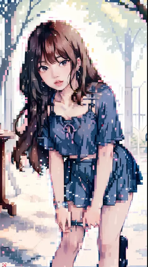 ((Lisa Blackpink)), spaghetti strap blouse, hard nipples, tiny blue pleated skirt, no panties, black high heels, leaning forward, close breasts, very light skin, very long hair, wavy hair, forest, sunrise, photorealistic, indirect lighting, volumetric ligh...