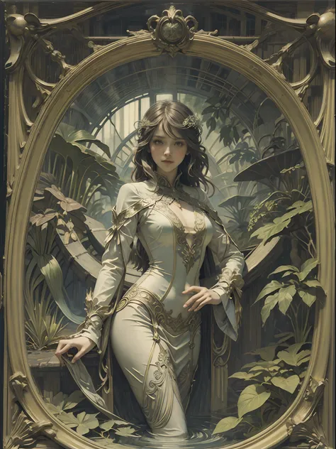 ((art nouveau)) painting of a female botanist surrounded by exotic plants in a greenhouse, (cowboy shot), alphonse mucha.