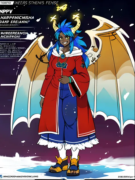 darkskinned-female, horns, dragon wings, ,pullover, pants,, full body, standing, long hair,sharpteeth, atomic, halo, robe, medieval clothing, smile