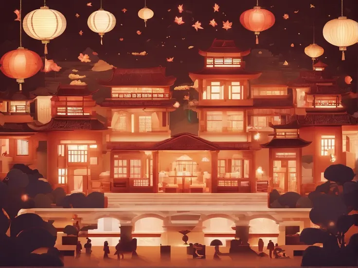 Mid-Autumn Festival，A huge moon floated over the city，The family sits together eating mooncakes，Mom and dad laugh with the kids，Have in the living room、Bright house scene，Stars shine，Colorful，KIDS ILLUSTRATION，Glow effect，Dingdall effect，depth of fields，Hi...