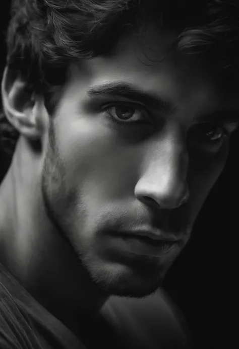 front face of a young man looking down, black and white hyper realistic image