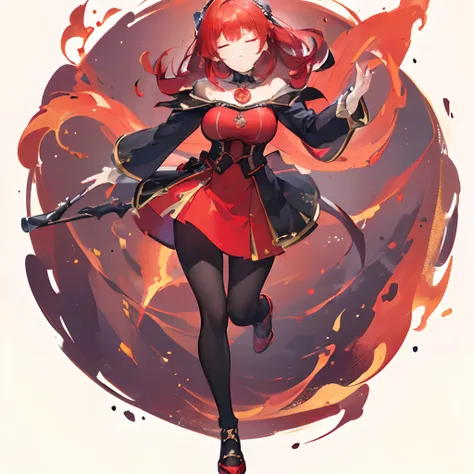 (((masterpiece, best-quality :1.3))), ((8k)), (1 girl), (solo female), (fire magic :1.3, (dynamic pose), (beautiful closed eyes :1.2), red hair, full body, witch outfit, black pantyhose