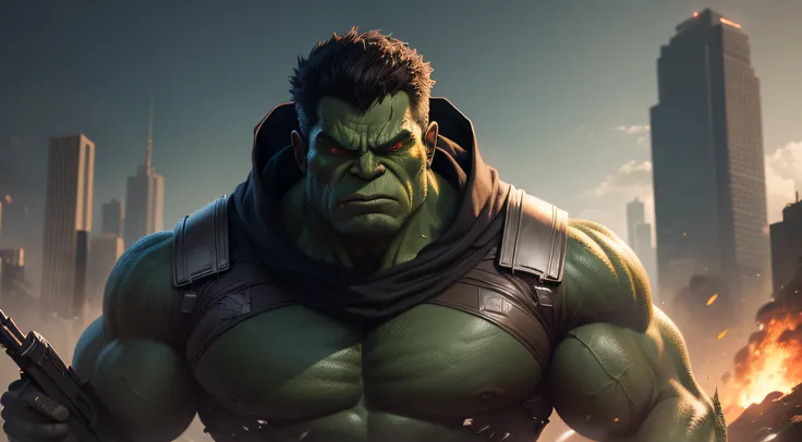 Hulk in green suit with gun in hand, Hulk, hulk like physique, Hulkish, Excessivo, Tipo de Corpo Hulk, Retrato do Hulk, O Hulk, Iconic character of high detail, musculoso e descolante, ArtStation Obra-prima, Incredible hulk, son goku as the incredible hulk...