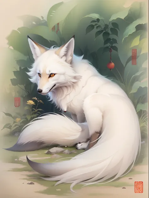 master part, Melhor, noite, 1 White fox with three tails, Chinese style, China antiga,  olhos negros, expression of wisdom and mystery, calmo, sentada, realista, noite