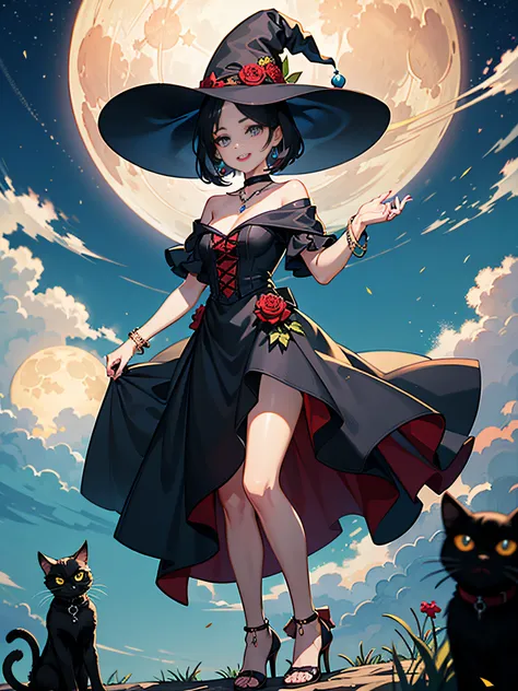 in 8K、top-quality、​masterpiece、ultra-detailliert、Ultra-high resolution、Anime style、One Witch、witchs hat、black cat、natta、fullmoon、a short bob、makeup、eyeshadows、red lipsticks、a necklace、A bracelet、anklets、manicure、Red high heels、Red face、Smile bewitchingly