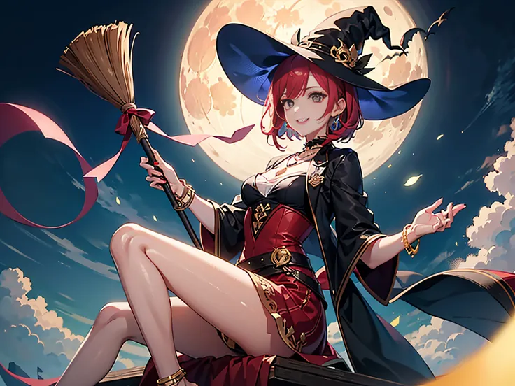 in 8K、top-quality、​masterpiece、ultra-detailliert、Ultra-high resolution、Anime style、One Witch、witchs hat、Take to the sky with a big broom、natta、fullmoon、a short bob、makeup、eyeshadows、red lipsticks、a necklace、A bracelet、anklets、manicure、Red high heels、Red fa...