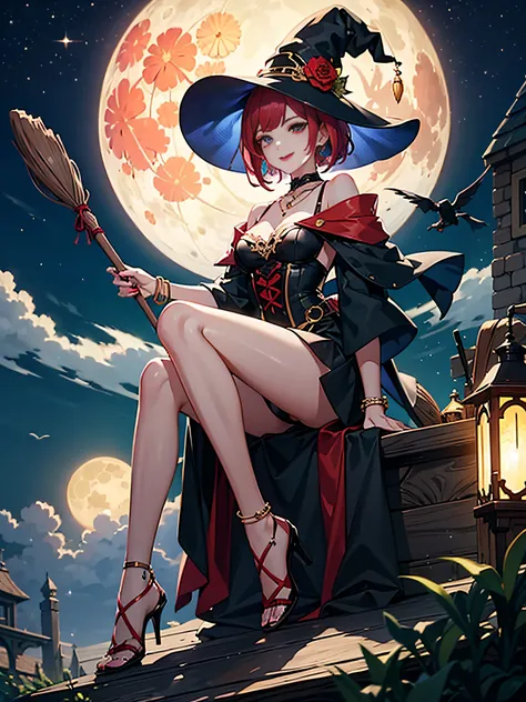 in 8K、top-quality、​masterpiece、ultra-detailliert、Ultra-high resolution、Anime style、One Witch、witchs hat、Sit on a broom and fly in the sky、natta、fullmoon、a short bob、makeup、eyeshadows、red lipsticks、a necklace、A bracelet、anklets、manicure、Red high heels、Red f...