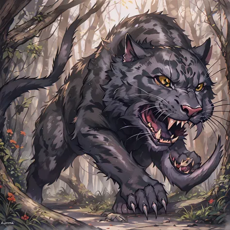 Draw 1 werepanther, black, dentes afiados, garras afiadas, numa floresta escura, atacando