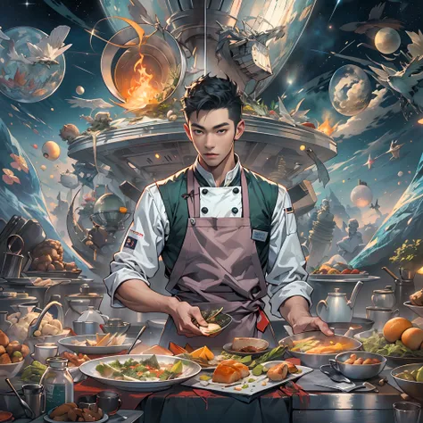 A tall and handsome young chef，Stand on the edge of the dream space, eyes glowing, green apron, Surreal scenes filled with symbols and patterns of various skills, ,in the style of the stars art group xing xing, 32K, Best quality, Masterpiece, Super detail,...