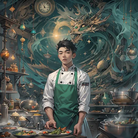 A tall and handsome young chef，Stand on the edge of the dream space, eyes glowing, green apron, Surreal scenes filled with symbols and patterns of various skills, ,in the style of the stars art group xing xing, 32K, Best quality, Masterpiece, Super detail,...