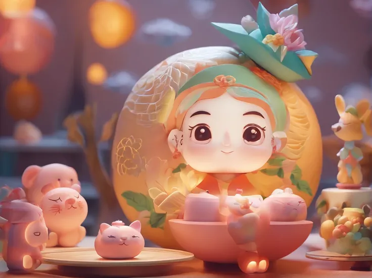 A huge moon floated over the city，The family sits together eating mooncakes，Mom and dad laugh with the kids，Have in the living room、Bright house scene，Stars shine，Mid-Autumn Festival，Colorful，KIDS ILLUSTRATION，Glow effect，Dingdall effect，depth of fields，Hi...