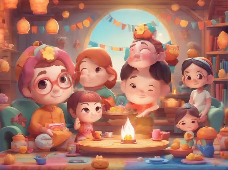 A huge moon floated over the city，The family sits together eating mooncakes，Mom and dad laugh with the kids，Have in the living room、Bright house scene，Stars shine，Mid-Autumn Festival，Colorful，KIDS ILLUSTRATION，Glow effect，Dingdall effect，depth of fields，Hi...