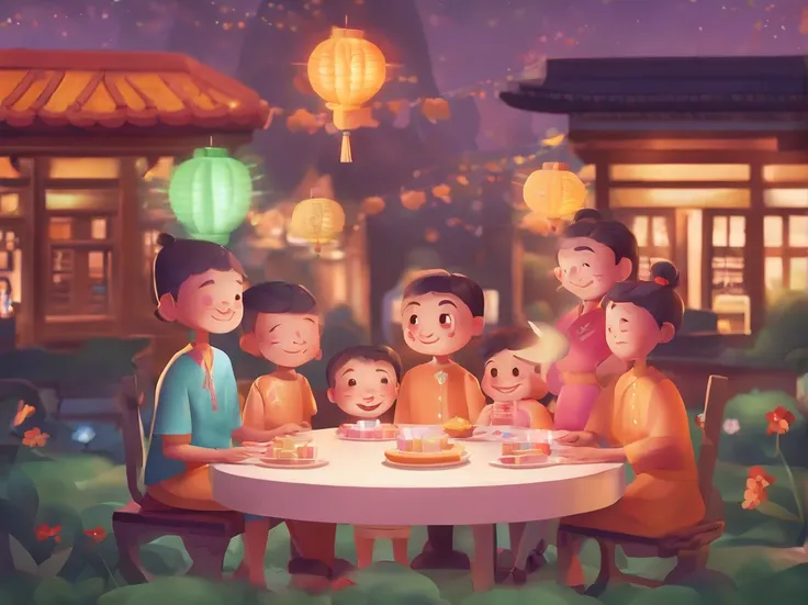 A huge moon floated over the city，The family sits together eating mooncakes，Mom and dad laugh with the kids，Have in the living room、Bright house scene，Stars shine，Mid-Autumn Festival，Colorful，KIDS ILLUSTRATION，Glow effect，Dingdall effect，depth of fields，Hi...