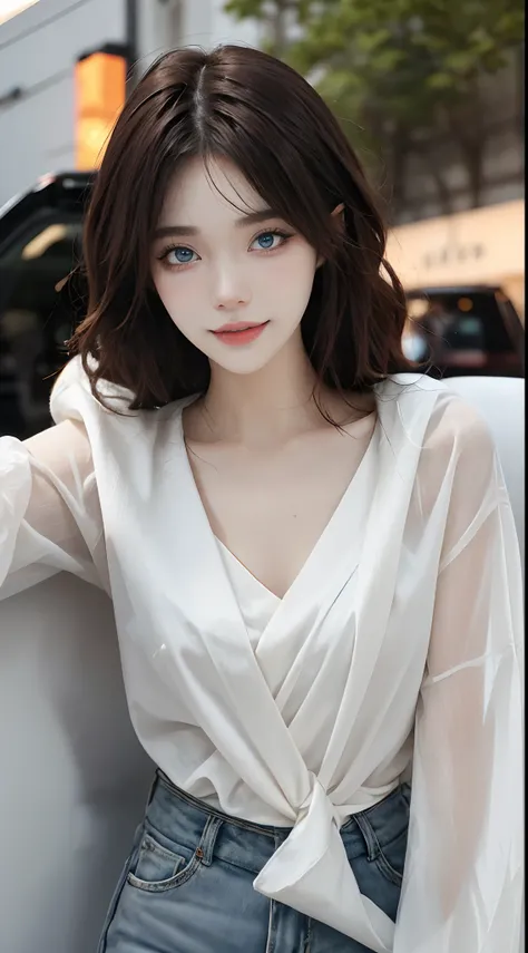 ((4K works))、​masterpiece、(top-quality)、1 beutiful girl、Slim body、tall、((Attractive casual clothes in black and white))、(Detailed beautiful eyes)、Take a selfie on a fashionable highway at night、((Face similar to Carly Rae Jepsen))、((Long boyish red hair))、...