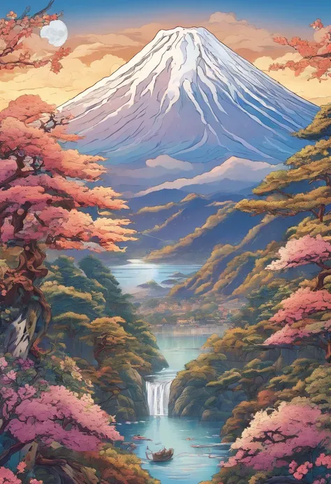 Mount Fuji, Honshu Island, (illustration: 1.0), epic composition, realistic lighting, high-definition detail, masterpiece, best quality, (very detailed CG unified 8k wallpaper), 1 man