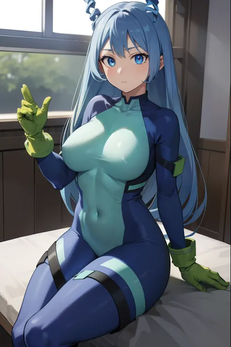 nejirehadou, nejire hadou, blue eyes, blue hair, long hair,
BREAK blue bodysuit, bodysuit, drill hair, gloves, green bodysuit, multicolored bodysuit, multicolored clothes, yellow gloves,
BREAK looking at viewer, full body,
BREAK indoors, classroom,
BREAK (...