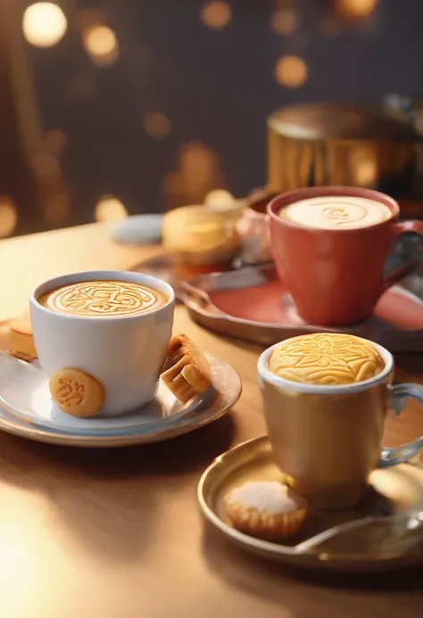 ​masterpiece:1.3, Photorealsitic, 8K, Creative Latte Art, Latte art with a picture of 2 miniature mooncakes, White giant mug, a Leica old camera, Perspective from above, movie light, warm color,