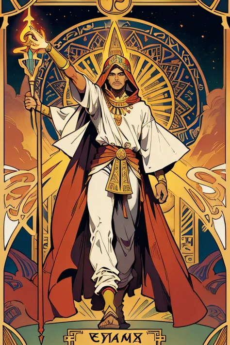 man, Egypt, Alphonse Mucha, Tarot cards, Yellow sky, shaman, Full-body stand, Red veil, Right hand holding scepter, raise your hand., Left hand pointing to the ground., White shirt, Straight Head, face detail