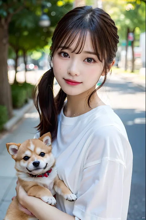 Flowing with crystal clear water,beautiful mountain in background々,(Girl taking a walk with a puppy:1.3),(Shiba dog:1.3),Have a lead,Very Big White T-Shirt,Cargo pants, gently smiling、(beautiful a girl)、(short hair of red-brown color、hair pin、poneyTail、Flo...