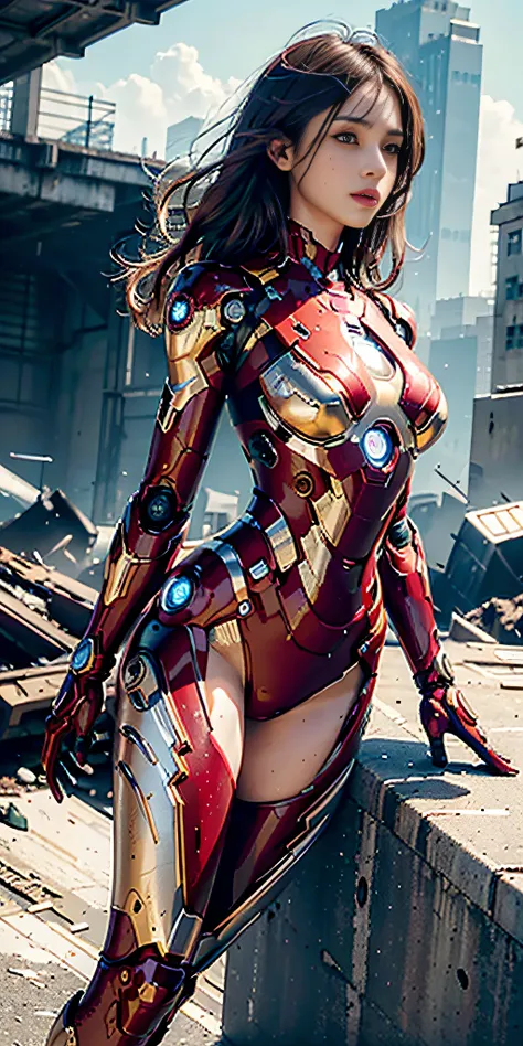 RAW, Masterpiece, Ultra Fine Photo,, Best Quality, Ultra High Resolution, Photorealistic, Sunlight, Full Body Portrait, Stunningly Beautiful,, Dynamic Poses, Delicate Face, Vibrant Eyes, (Side View) , she is wearing a futuristic Iron Man mech, red and gold...