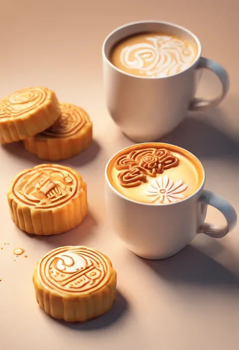 ​masterpiece:1.3, Photorealsitic, 8K, Creative Latte Art, Latte in big white mug, side with a picture of 2 miniature mooncakes,, one old camera, Perspective from above, back light, warm color, single focus