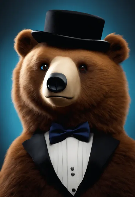 Animatronic bear brown blue eyes black hat black bowtie singing