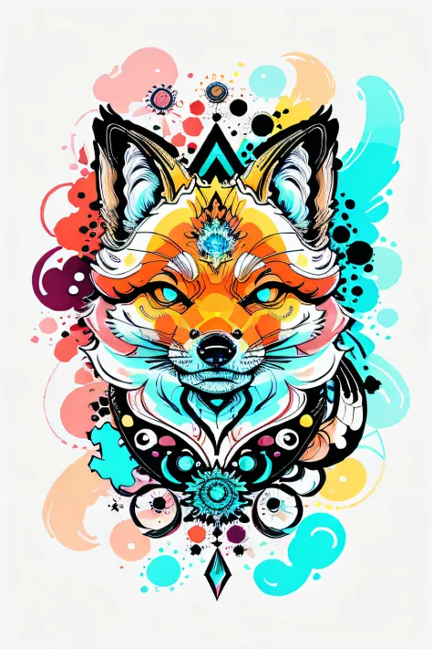 in the style of 0mib, adorable japanese fox, prismatic shards, reflecting fractal circles, ink spatter, melting brush strokes, particles vortex, dramatic lighting, high quality, beautiful, masterpiece