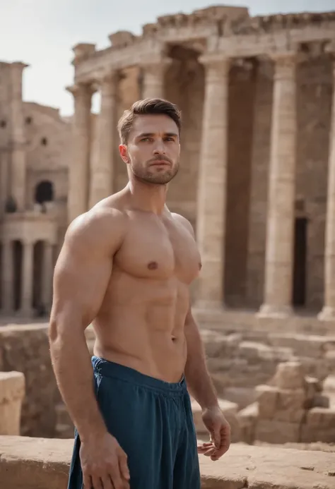 arafed man in a blue thong is standing in front of a roman colossion, a screenshot inspired by Alexander Fedosav, reddit, massurrealism, sexy masculine, in a coliseum, mid-shot of a hunky, roman gladiator, strong masculine features, muscular men, musculous...