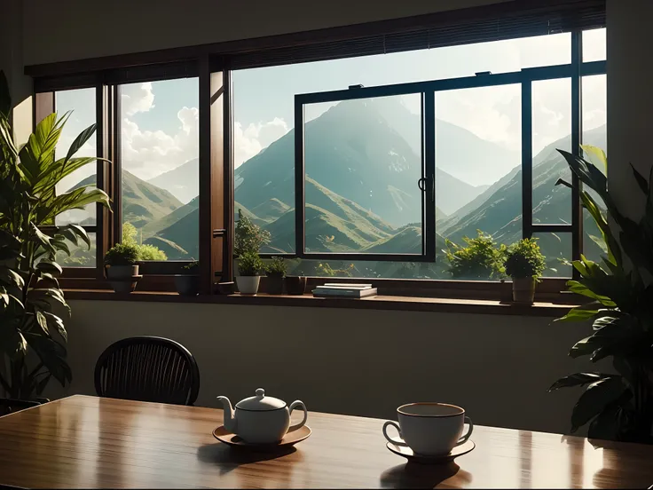 A cup of tea on an office table with a window in the background, cinematic scene, luz perfecta, beautiful composition, realista, vegetation