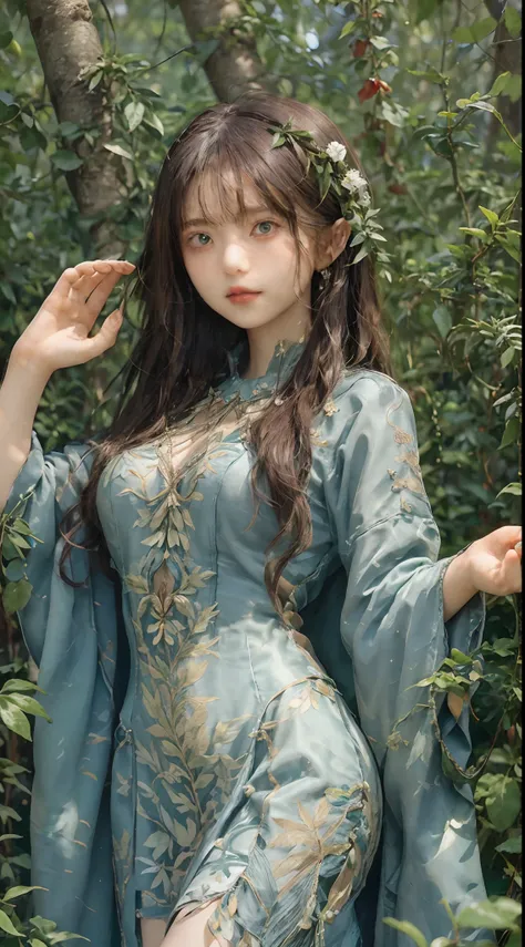 In the heart of the ancient forest、Seductive dryad stands. Her emerald green eyes twinkle with wisdom, Reflecting the depth of the forest she protects. Her luscious green hair blends seamlessly with the leaves, As if nature itself has woven it. Wrapped in ...