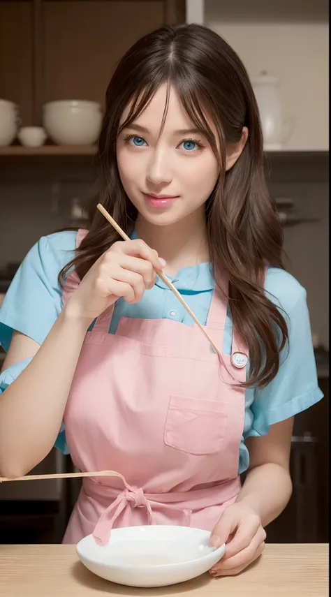 (Best quality,Ultra-detailed,Realistic:1.37),sliver long hair,Fantastic blue eyes,Happy woman beating eggs with chopsticks,Soft lighting,pink apron,illustration